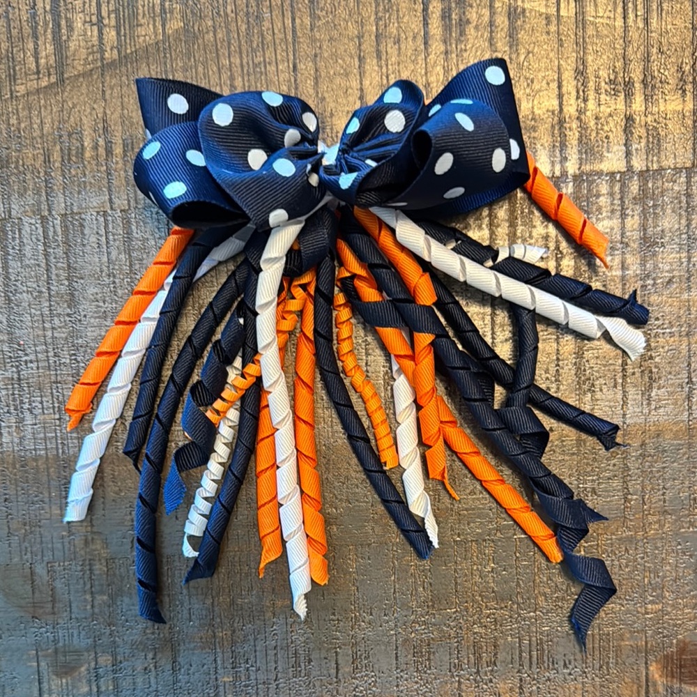 Big curly Hair Bows Pony Tail Girl’s Kids Navy Orange White Polka Dots